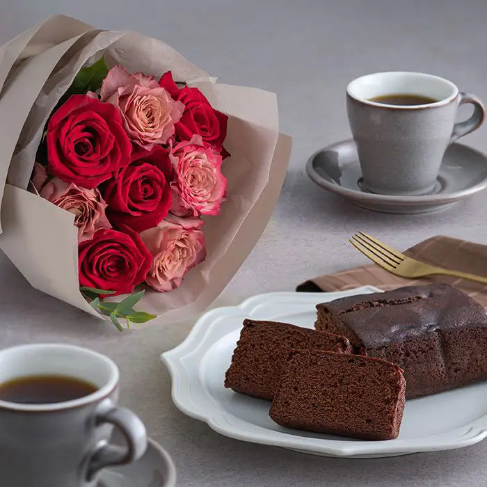 ホシファームフリルブーケ ニュアンスレッド8本&銀座千疋屋チョコパウンドケーキ【産地直送品・送料込み】