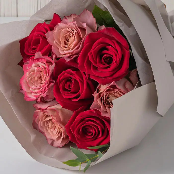 ホシファームフリルブーケ ニュアンスレッド8本&銀座千疋屋チョコパウンドケーキ【産地直送品・送料込み】