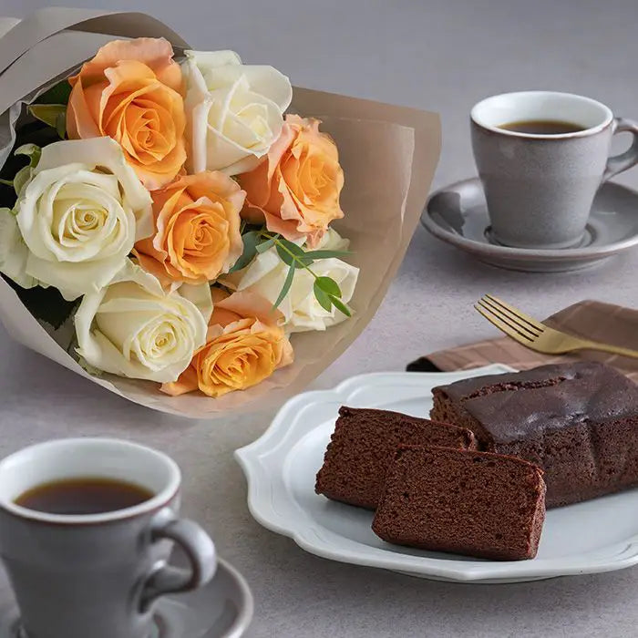 ホシファームフリルブーケ ホワイトオレンジ8本&銀座千疋屋チョコパウンドケーキ【産地直送品・送料込み】