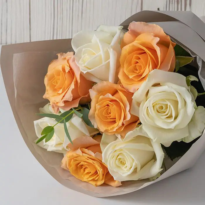 ホシファームフリルブーケ ホワイトオレンジ8本&銀座千疋屋チョコパウンドケーキ【産地直送品・送料込み】