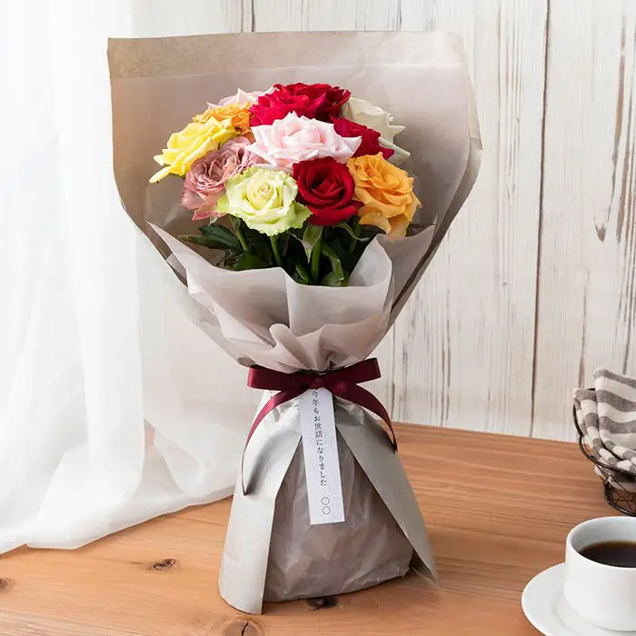 ホシファーム 届いた姿でそのまま飾れるスタンディング薔薇ブーケ カラフル12本【産地直送品・送料込み】