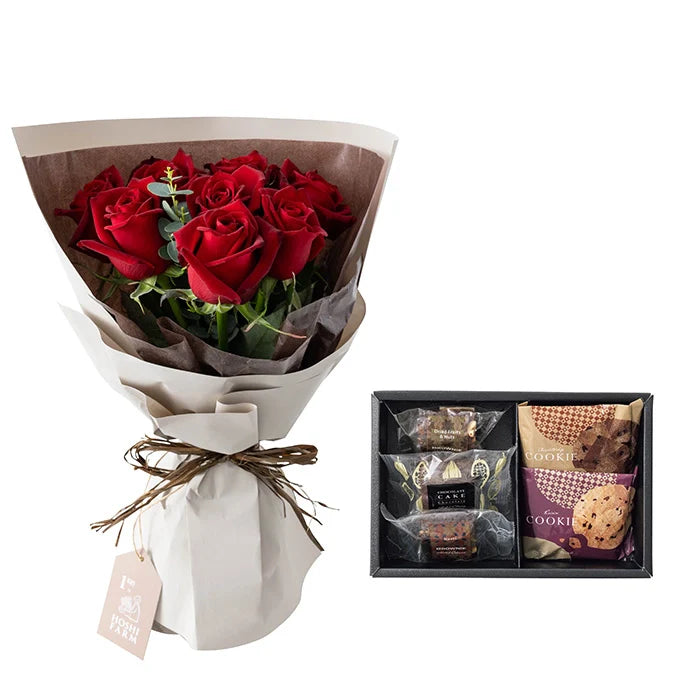 ホシファームフリルブーケルージュ8本&ホテルオークラスイーツアソート5個