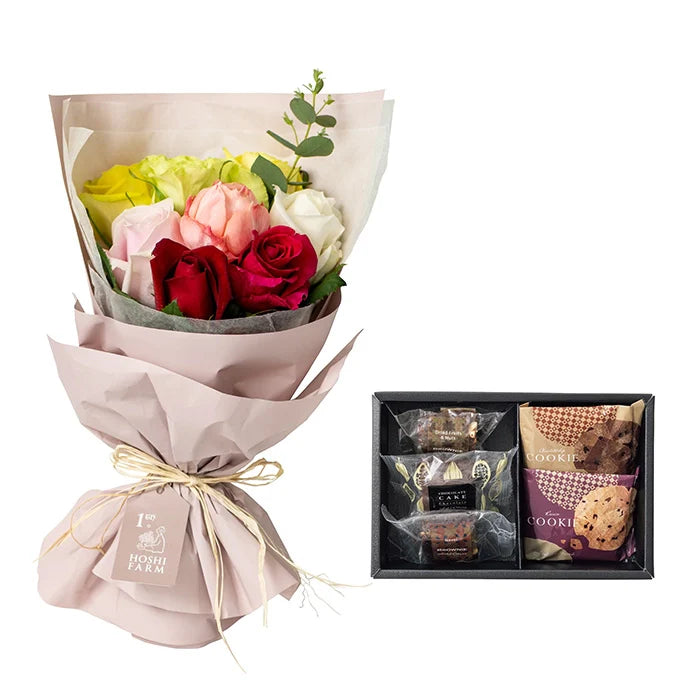 ホシファームフリルブーケカラフル8本&ホテルオークラスイーツアソート5個