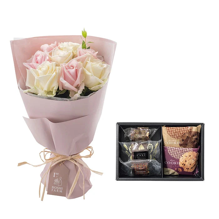 ホシファームフリルブーケホワイトピンク8本&ホテルオークラスイーツアソート5個