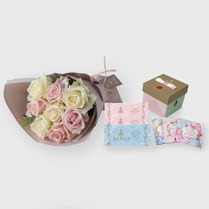 フリルブーケ8本ホワイトピンク&ニナスシークレットガーデンティータイム6個