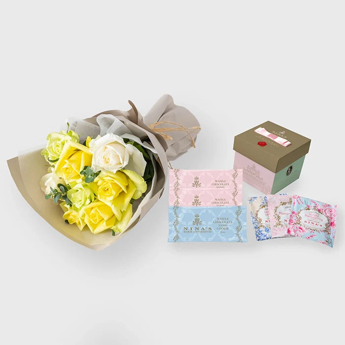 フリルブーケ8本白黄緑系&ニナスシークレットガーデンティータイム6個