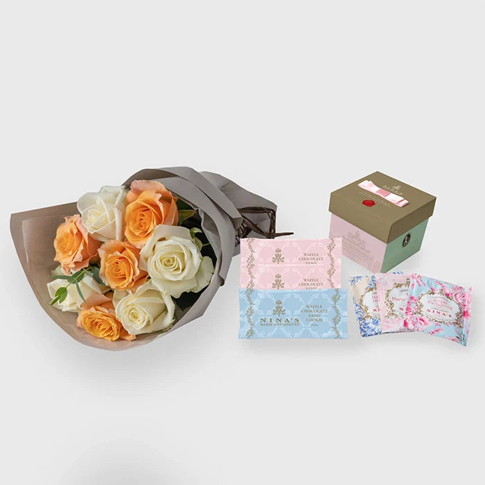 フリルブーケ8本ホワイトオレンジ&ニナスシークレットガーデンティータイム6個