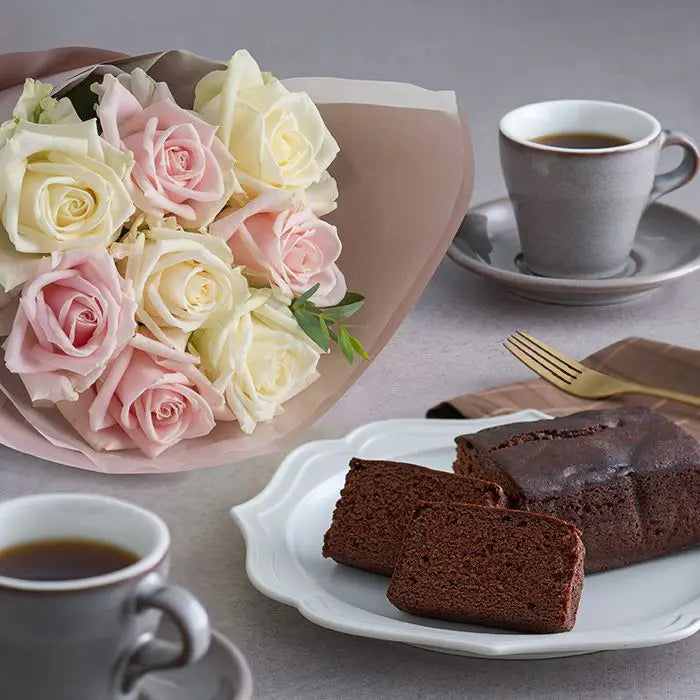 ホシファームフリルブーケ　ホワイトピンク８本＆銀座千疋屋チョコパウンドケーキ【産地直送品・送料込み】