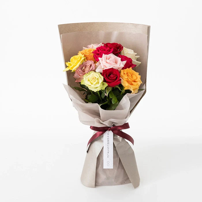 ホシファーム　届いた姿でそのまま飾れるスタンディング薔薇ブーケ　カラフル１２本